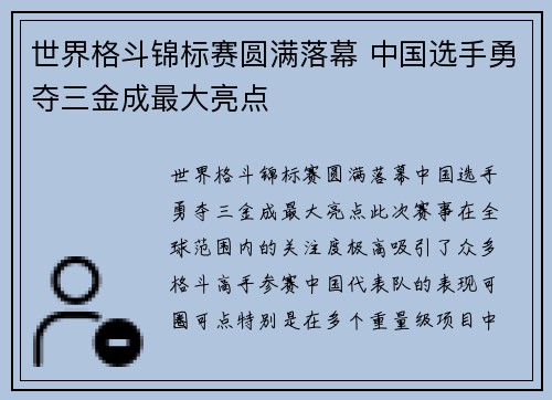 世界格斗锦标赛圆满落幕 中国选手勇夺三金成最大亮点